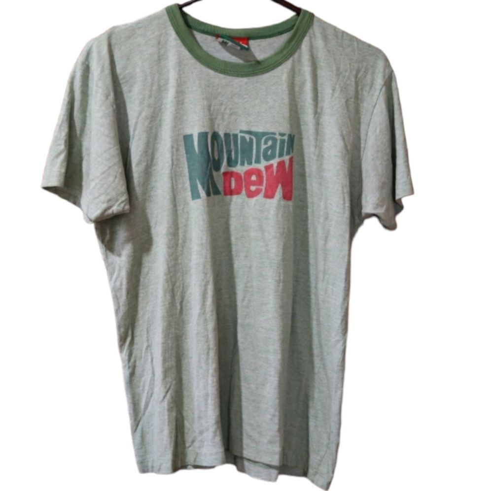 Vintage Mountain Dew Green Ringer T-Shirt Spellout Logo Made in USA Large